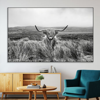 24051061-SEG-FC-51X34_Oversize-Monochrome Highland Cow Wall Art Canvas Print, Framed Scottish Bull Art Picture Print, Lone Cattle Perfect Rustic Farmhouse Decor