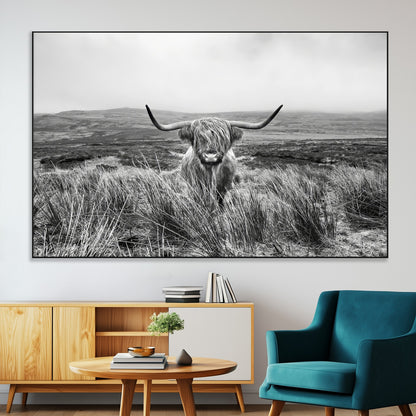 24051061-SEG-FC-51X34_Oversize-Monochrome Highland Cow Wall Art Canvas Print, Framed Scottish Bull Art Picture Print, Lone Cattle Perfect Rustic Farmhouse Decor