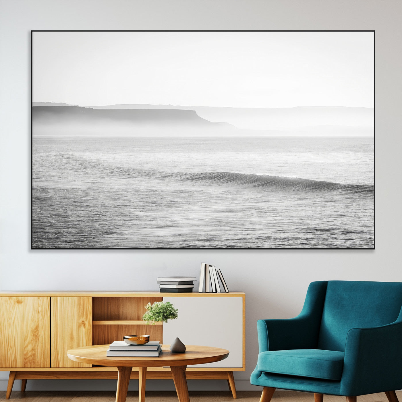 60635783-MGV-CV-36X24-Black White Seascape Wall Art Canvas Print, Framed Ocean Waves Art Picture Print, Misty Coastal Perfect Minimalist Coastal Decor