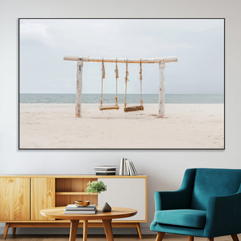 68327283-MGV-CV-36X24-Beach Swing Wall Art Canvas Print, Framed Quiet Beach Art Picture Print, Calm Shoreline Perfect Bohemian Coastal Decor Artwork