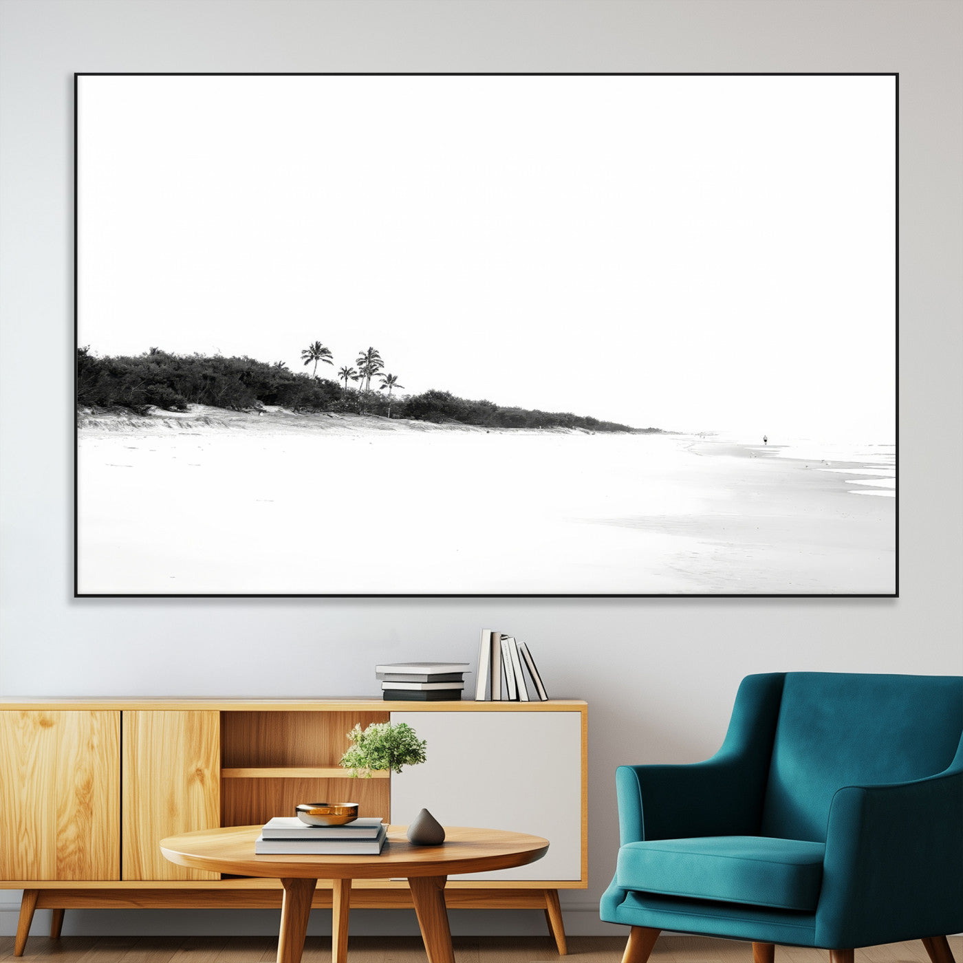 29611516-SEG-FC-51X34_Oversize-Black White Beach Wall Art Canvas Print, Framed Palm Trees Art Picture Print, Monochrome Tropical Perfect Minimalist Coastal Decor
