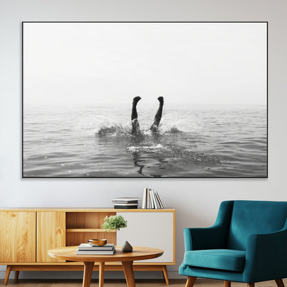 26667396-MGV-CV-36X24-Black White Ocean Wall Art Canvas Print, Framed Monochrome Water Art Picture Print, Diving into Water Perfect Minimalist Aquatic