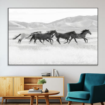 69934913-MGV-CV-36X24-Wild Horses Running Wall Art Canvas Print, Framed Black White Mustangs Art Picture Print, Rustic Western Perfect Rustic Western