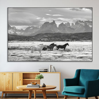 21655040-SEG-FC-51X34_Oversize-Wild Horses Wall Art Canvas Print, Framed Black White Mountains Art Picture Print, Rustic Countryside Perfect Rustic Western Decor