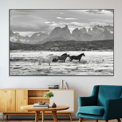 21655040-SEG-FC-51X34_Oversize-Wild Horses Wall Art Canvas Print, Framed Black White Mountains Art Picture Print, Rustic Countryside Perfect Rustic Western Decor