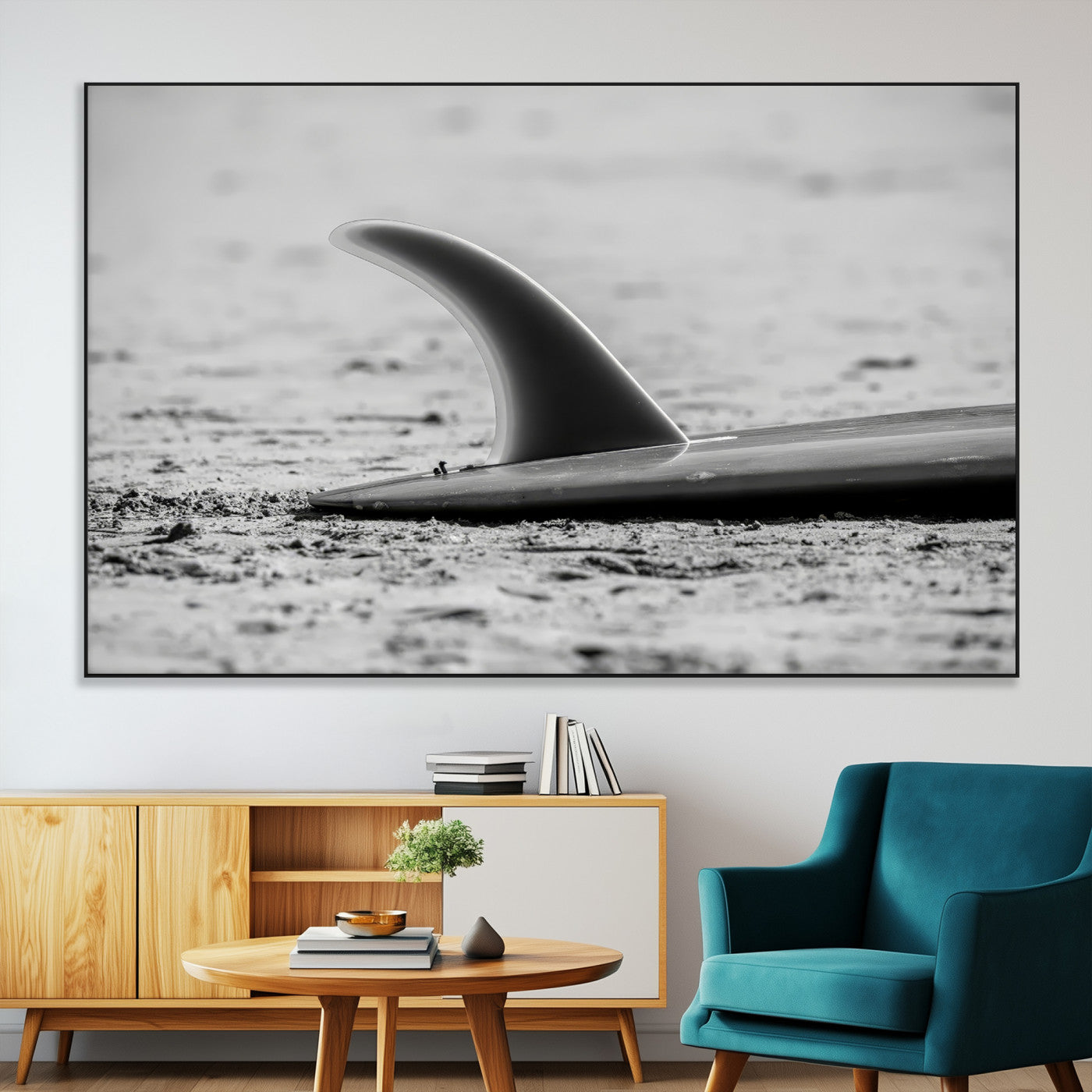 62314230-MGV-CV-36X24-Black White Surfboard Wall Art Canvas Print, Framed Minimalist Beach Art Picture Print, Surf Fin Perfect Minimalist Coastal Decor