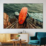 84555848-SEG-FC-51X34_Oversize-Surfer Stairway Wall Art Canvas Print, Framed Ocean Surf Art Picture Print, Sunset Coastal Perfect Coastal Adventure Decor Artwork