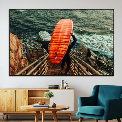 84555848-SEG-FC-51X34_Oversize-Surfer Stairway Wall Art Canvas Print, Framed Ocean Surf Art Picture Print, Sunset Coastal Perfect Coastal Adventure Decor Artwork