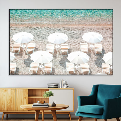 83736167-SEG-FC-51X34_Oversize-Calm Beach Wall Art Canvas Print, Framed Turquoise Water Art Picture Print, Umbrella Shoreline Perfect Coastal Minimalist Decor