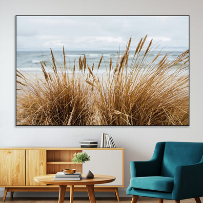 14270839-SEG-FC-51X34_Oversize-Beach Grass Wall Art Canvas Print, Framed Coastal Dunes Art Picture Print, Dune Grass Perfect Coastal Minimalist Decor Artwork