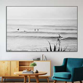 33821421-SEG-FC-51X34_Oversize-Surfer Silhouette Wall Art Canvas Print, Framed Calm Ocean Art Picture Print, Monochrome Surf Perfect Minimalist Coastal Decor