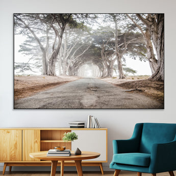 87090469-SEG-FC-51X34_Oversize-Cypress Tunnel Wall Art Canvas Print, Framed Misty Road Art Picture Print, Foggy Trees Perfect Rustic Woodland Decor Artwork