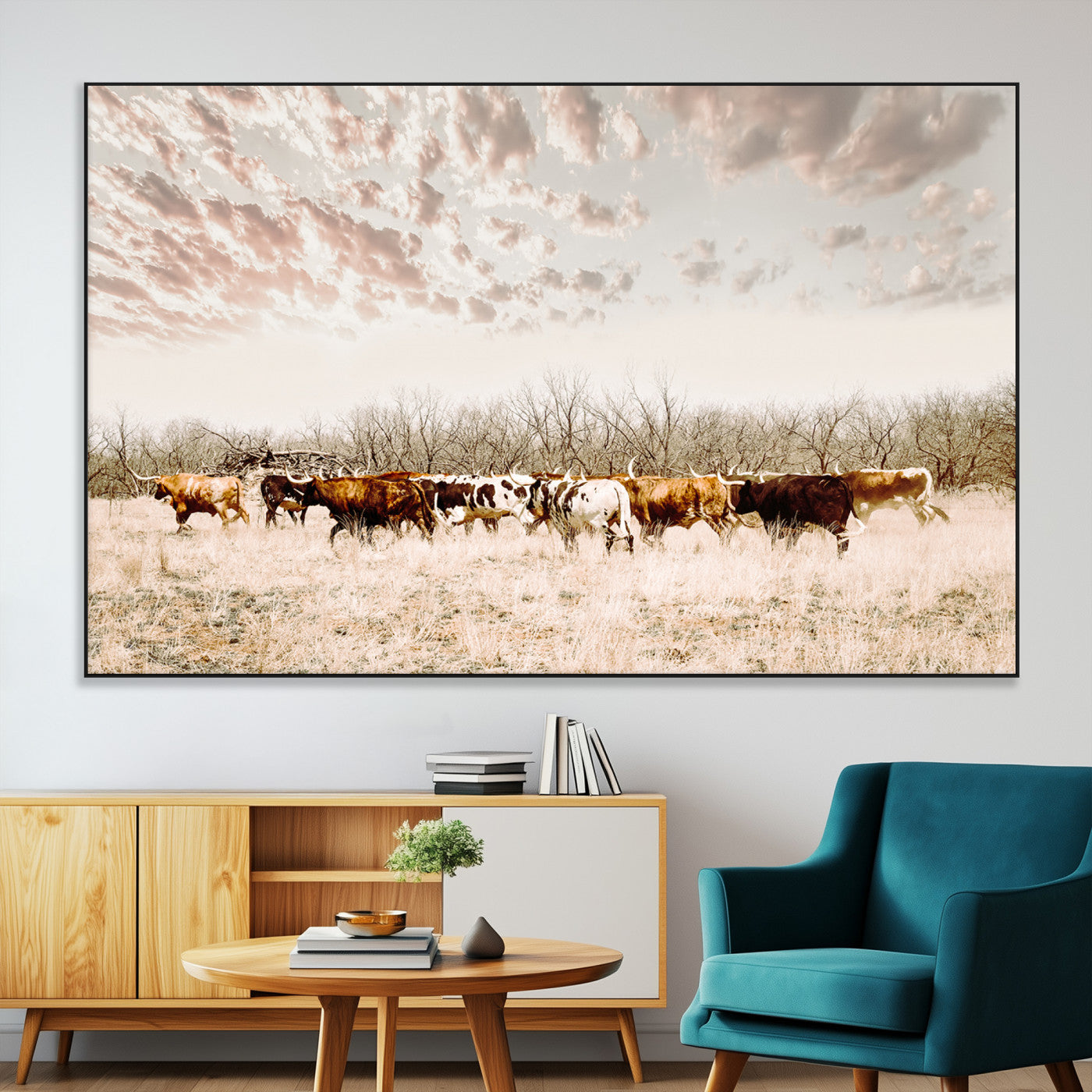 64892775-MGV-CV-36X24-Longhorn Cattle Wall Art Canvas Print, Framed Texas Ranch Art Picture Print, Western Cow Perfect Western Decor Artwork