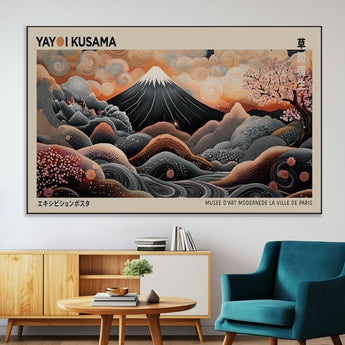 55739266-MGV-CV-36X24-Japanese Wall Art Print – Abstract Yayoi Kusama Inspired Dotted Landscape Poster, Surreal Oriental Mountain and Cherry Blossom