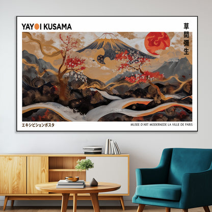 40959107-MGV-CV-36X24-Japanese Fuji Wall Art Print – Red Sun & Cherry Blossom Poster, Gold Wave Ukiyo-e Inspired Modern Japan Landscape Painting,