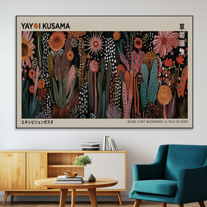 28344895-MGV-CV-36X24-Dark Floral Abstract Wall Art Poster – Modern Botanical Canvas Print with Beige Border, Kusama Inspired Boho Flower Painting,