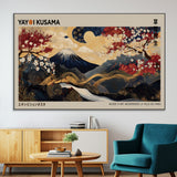 54967195-MGV-CV-36X24-Mount Fuji Wall Art – Japanese Cherry Blossom Abstract Canvas Print, Navy Gold Landscape Painting, Oriental Luxury Home Decor