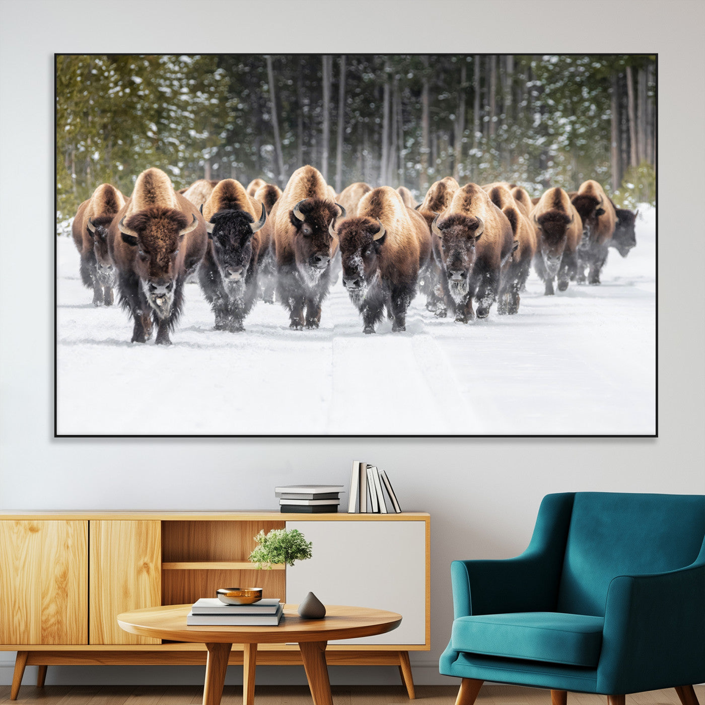 22695857-SEG-FC-51X34_Oversize-Bison Herd Scene Wall Art Canvas Print, Framed Western Wildlife Art Picture Print, Rustic Animal Art Perfect Rustic Lodge Decor