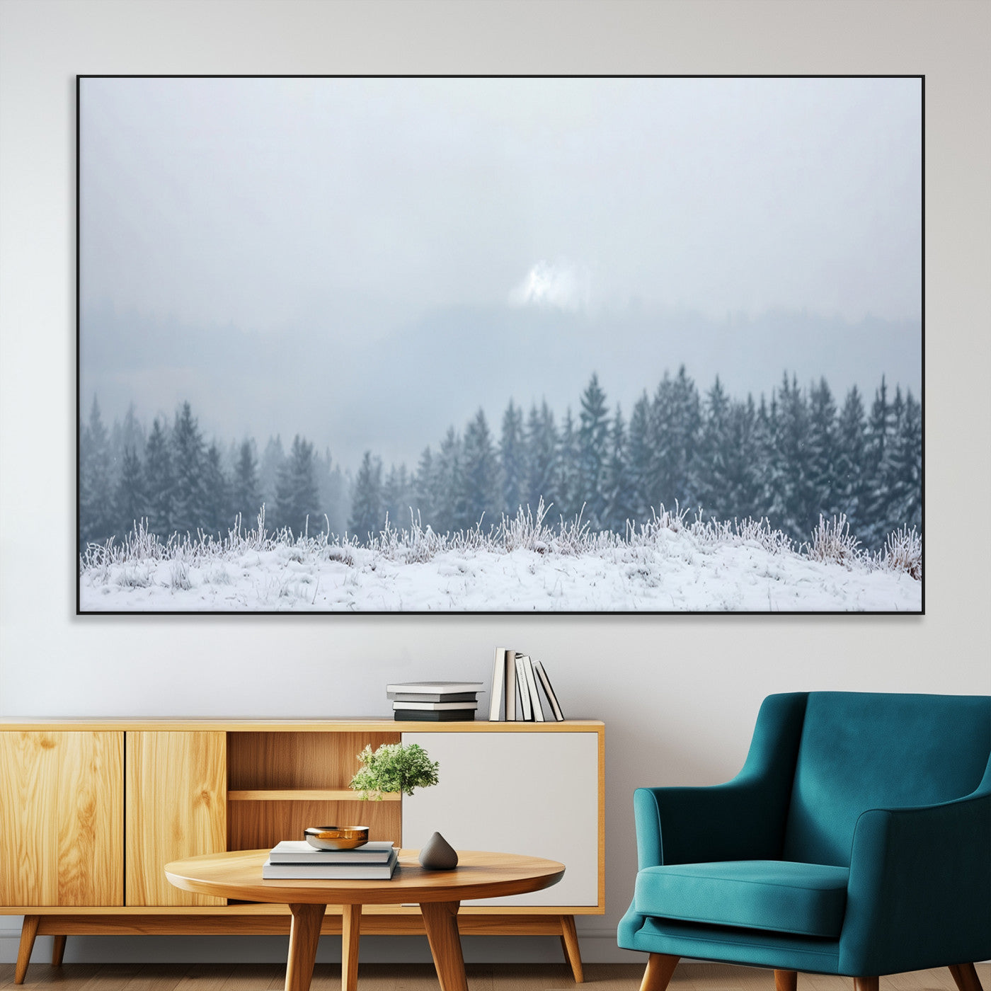 33033082-SEG-FC-51X34_Oversize-Winter Forest Art Wall Art Canvas Print, Framed Snowy Landscape Art Picture Print, Misty Tree Scene Perfect Nordic Minimalist