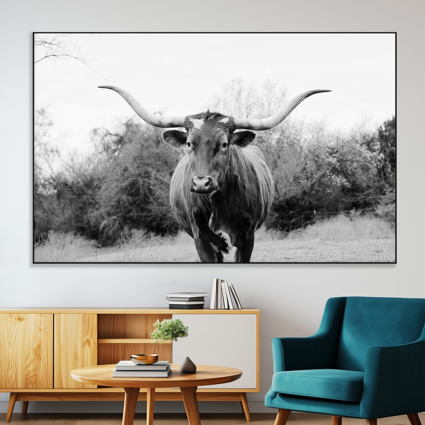 97280319-MGV-CV-36X24-Longhorn Photography Wall Art Canvas Print, Framed Western Cow Decor Art Picture Print, Texas Ranch Style Perfect Rustic Farmhouse