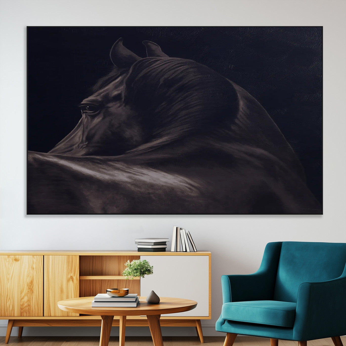 67026880-SEG-FC-51X34_Oversize-Black Horse Portrait Wall Art Canvas Print, Framed Moody Horse Decor Art Picture Print, Equestrian Wall Style Perfect Masculine