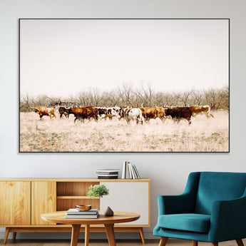 12454132-MGV-CV-36X24-Cow Herd Photography Wall Art Canvas Print, Framed Rustic Farmhouse Decor Art Picture Print, Western Ranch Style Perfect Rustic