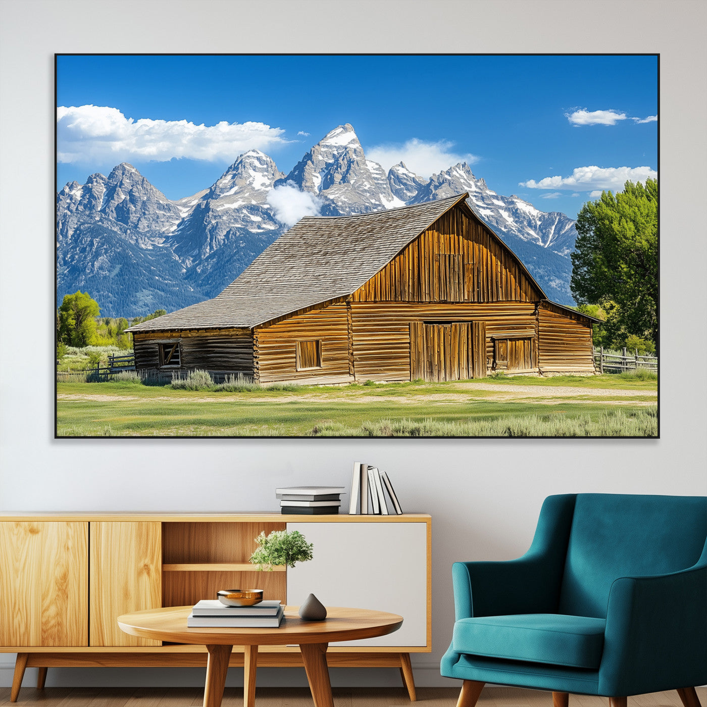 75948467-SEG-FC-51X34_Oversize-Mountain Barn Scene Wall Art Canvas Print, Framed Rustic Farmhouse Style Art Picture Print, Country Cabin Decor Perfect Rustic