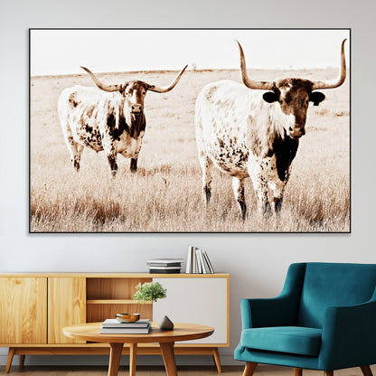 39672786-MGV-CV-36X24-Rustic Cow Scene Wall Art Canvas Print, Framed Farmhouse Style Cattle Art Picture Print, Prairie Animal Duo Perfect Rustic Western