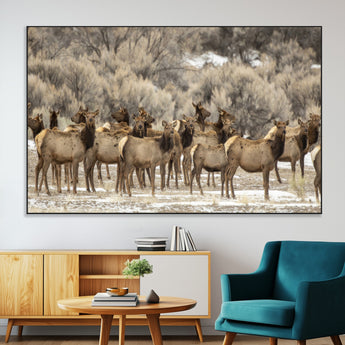 90269422-SEG-FC-51X34_Oversize-Elk Herd Scene Wall Art Canvas Print, Framed Rustic Wildlife Decor Art Picture Print, Western Cabin Style Perfect Rustic Lodge