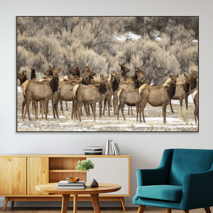 90269422-MGV-CV-36X24-Elk Herd Scene Wall Art Canvas Print, Framed Rustic Wildlife Decor Art Picture Print, Western Cabin Style Perfect Rustic Lodge