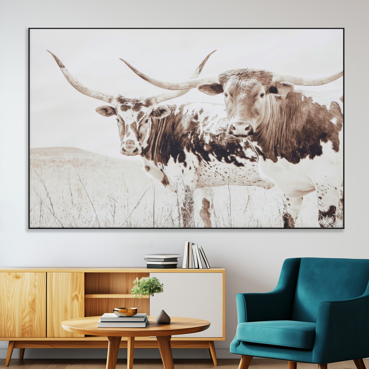 48161868-SEG-FC-51X34_Oversize-Longhorn Cow Decor Wall Art Canvas Print, Framed Rustic Cattle Art Picture Print, Sepia Western Vibe Perfect Neutral Rustic