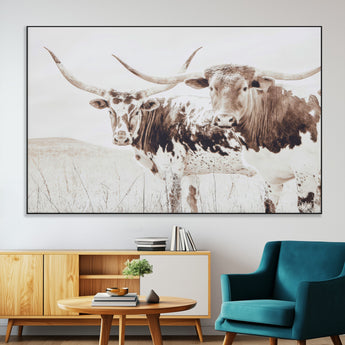48161868-MGV-CV-36X24-Longhorn Cow Decor Wall Art Canvas Print, Framed Rustic Cattle Art Picture Print, Sepia Western Vibe Perfect Neutral Rustic
