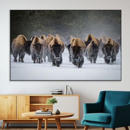 41669135-SEG-FC-51X34_Oversize-Bison Herd Scene Wall Art Canvas Print, Framed Rustic Wildlife Decor Art Picture Print, Snowy Bison Landscape Perfect Rustic