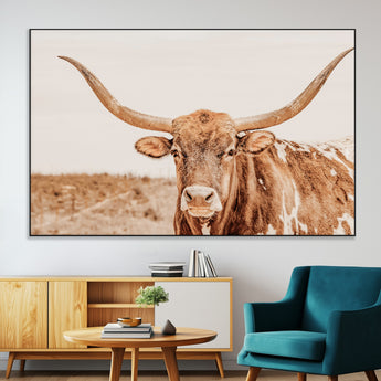 74406977-SEG-FC-51X34_Oversize-Longhorn Bull Decor Wall Art Canvas Print, Framed Western Cow Theme Art Picture Print, Rustic Farmhouse Wall Perfect Neutral