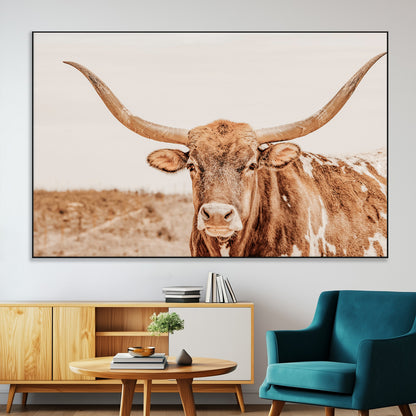 74406977-SEG-FC-51X34_Oversize-Longhorn Bull Decor Wall Art Canvas Print, Framed Western Cow Theme Art Picture Print, Rustic Farmhouse Wall Perfect Neutral