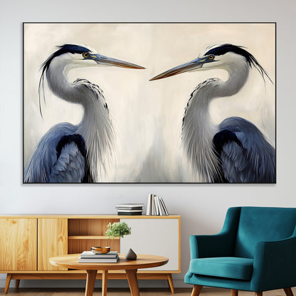 18230556-MGV-CV-36X24-Blue Heron Pair Wall Art Canvas Print, Framed Coastal Bird Theme Art Picture Print, Tranquil Wildlife Scene Perfect Coastal