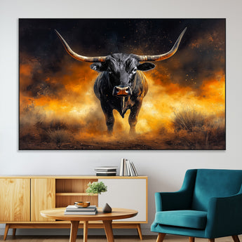 58293979-MGV-CV-36X24-Longhorn Canvas Wall Art Canvas Print, Framed Bold Bull Wall Art Art Picture Print, Western Animal Decor Perfect Western Dramatic