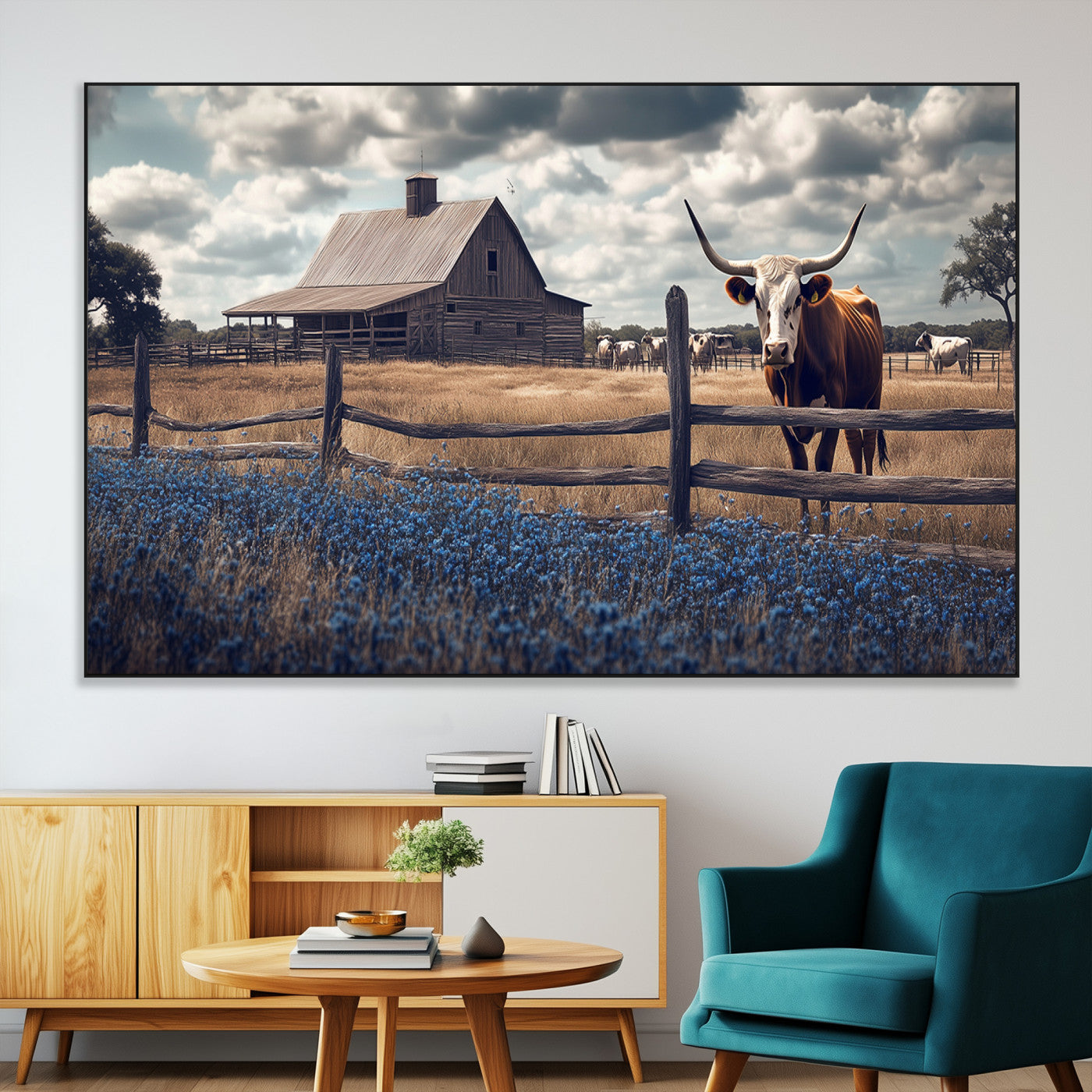 51092814-MGV-CV-36X24-Texas Longhorn Wall Art Wall Art Canvas Print, Framed Rustic Barn Canvas Art Picture Print, Farmhouse Cow Decor Perfect Rustic