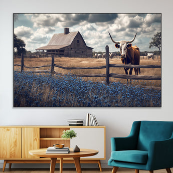 51092814-MGV-CV-36X24-Texas Longhorn Wall Art Wall Art Canvas Print, Framed Rustic Barn Canvas Art Picture Print, Farmhouse Cow Decor Perfect Rustic