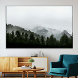 55968349-MGV-CV-36X24-Misty Mountains Wall Art Canvas Print, Framed Foggy Forest Art Picture Print, Snowy Peaks Perfect Moody Wilderness Decor Artwork