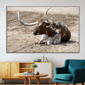 76549210-MGV-CV-36X24-Texas Longhorn Wall Art Canvas Print, Framed Country Living Art Picture Print, Farmhouse Aesthetic Perfect Western Rustic Decor