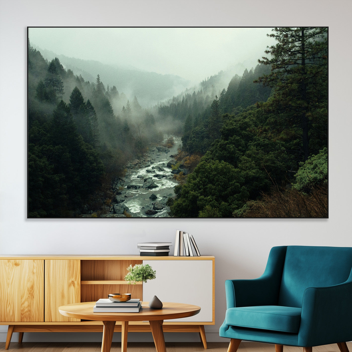 48497565-MGV-CV-36X24-Misty Forest Wall Art Canvas Print, Framed Foggy River Art Picture Print, Moody Landscape Perfect Moody Wilderness Decor Artwork