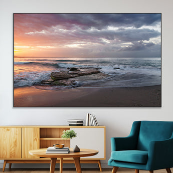 94208089-MGV-CV-36X24-Golden Hour Wall Art Canvas Print, Framed Tranquil Waves Art Picture Print, Beach Horizon Perfect Coastal Serenity Decor Artwork