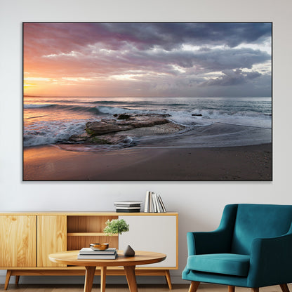 94208089-MGV-CV-36X24-Golden Hour Wall Art Canvas Print, Framed Tranquil Waves Art Picture Print, Beach Horizon Perfect Coastal Serenity Decor Artwork