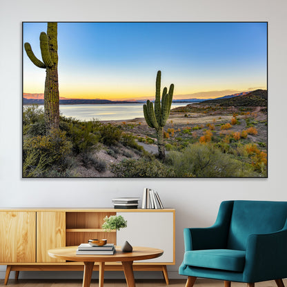 52844711-MGV-CV-36X24-Saguaro Cactus Wall Art Canvas Print, Framed Desert Sunset Art Picture Print, Southwestern Scene Perfect Southwestern Rustic Decor