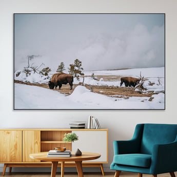 60308289-MGV-CV-36X24-Bison Wildlife Wall Art Canvas Print, Framed Snowy Prairie Art Picture Print, Western Landscape Perfect Rustic Winter Decor