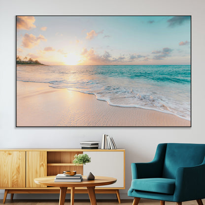 94538225-MGV-CV-36X24-Beach Sunset Wall Art Canvas Print, Framed Ocean Waves Art Picture Print, Summer Escape Perfect Coastal Serenity Decor Artwork