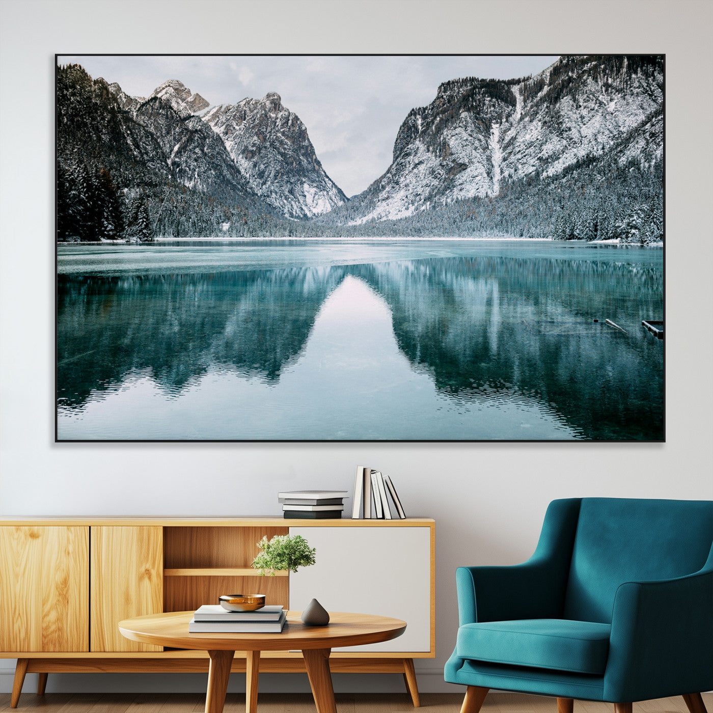 73098373-MGV-CV-36X24-Mountain Lake Wall Art Canvas Print, Framed Winter Wonderland Art Picture Print, Snowy Peaks Perfect Modern Nature Decor Artwork