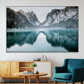 73098373-MGV-CV-36X24-Mountain Lake Wall Art Canvas Print, Framed Winter Wonderland Art Picture Print, Snowy Peaks Perfect Modern Nature Decor Artwork