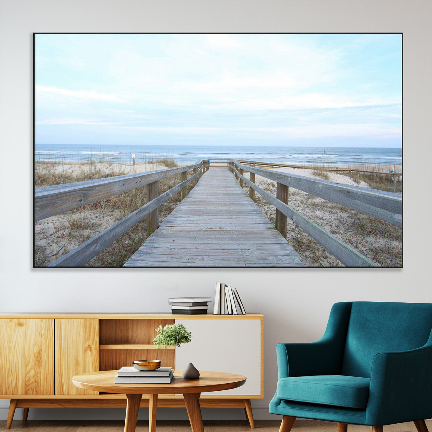31602988-MGV-CV-36X24-Beach Boardwalk Wall Art Canvas Print, Framed Coastal Serenity Art Picture Print, Ocean View Perfect Coastal Minimalist Decor